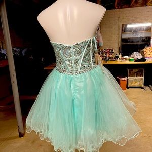 Teal short homecoming dress with beading up top